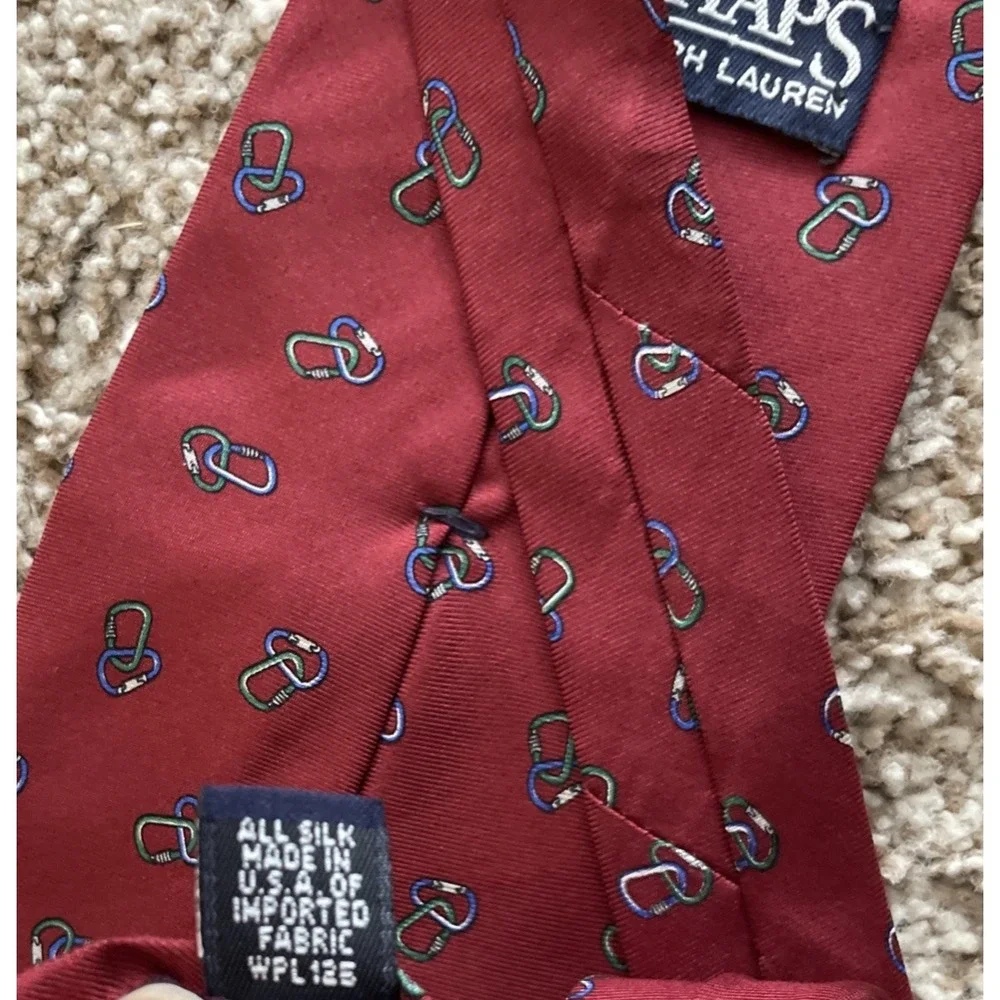 Vintage Chaps Ralph Lauren Red Tie Carabiner Print Novelty Silk Necktie Y2K 90s